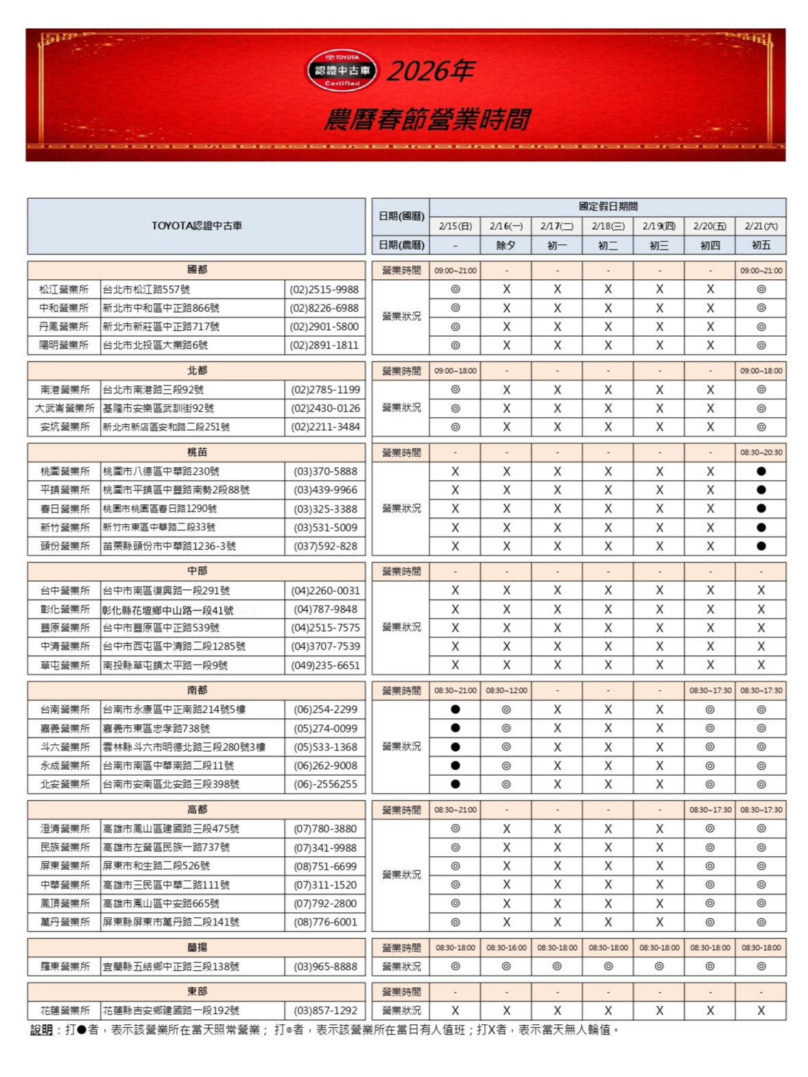 2026年TOYOTA認證中古車農曆春節營業時間說明