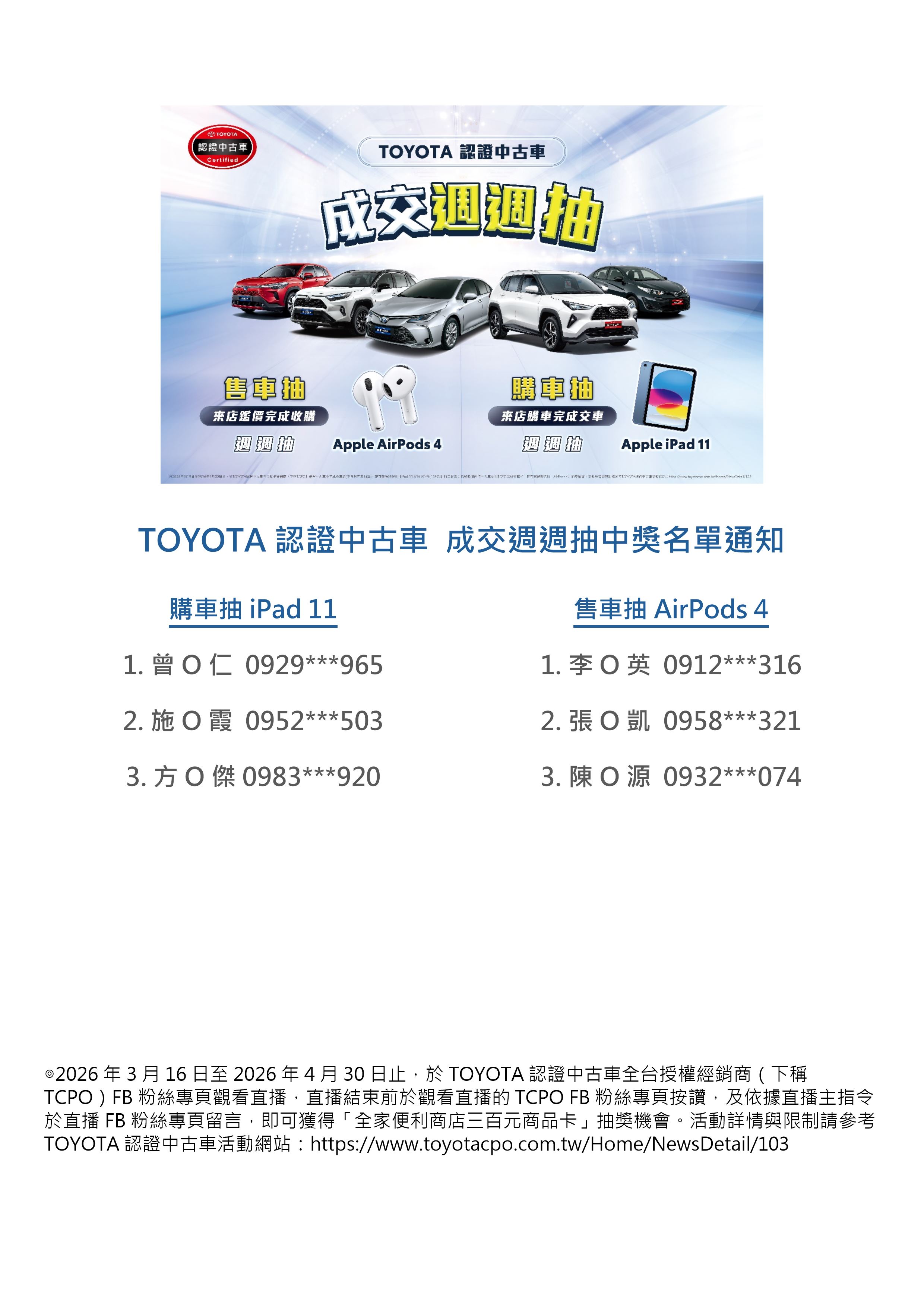 TOYOTA認證中古車「好禮週週抽～購車抽iPad 11｜售車抽AirPods 4」中獎名單通知